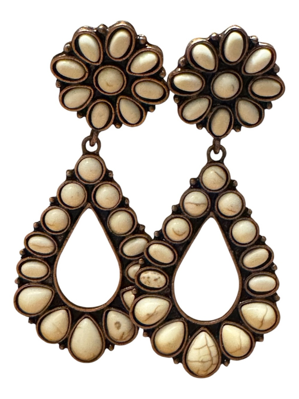 Boho Western White Howlite Stone Squash Blossom Drop Earrings - Picture 7 of 8
